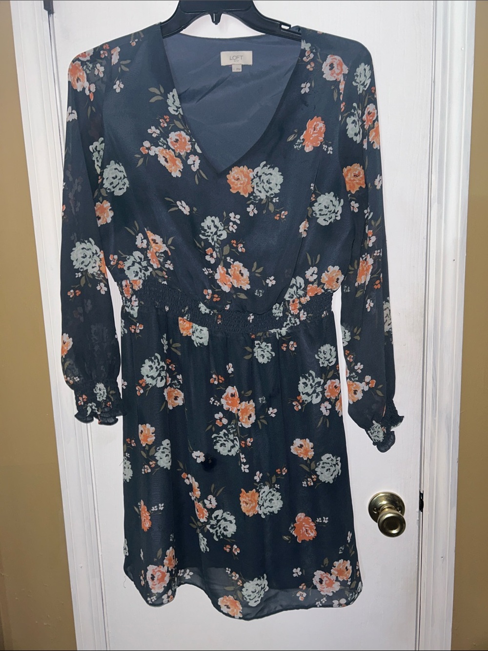 LOFT Grey Long-Sleeve Floral V-Neck Dress with Orange and Mint Flowers